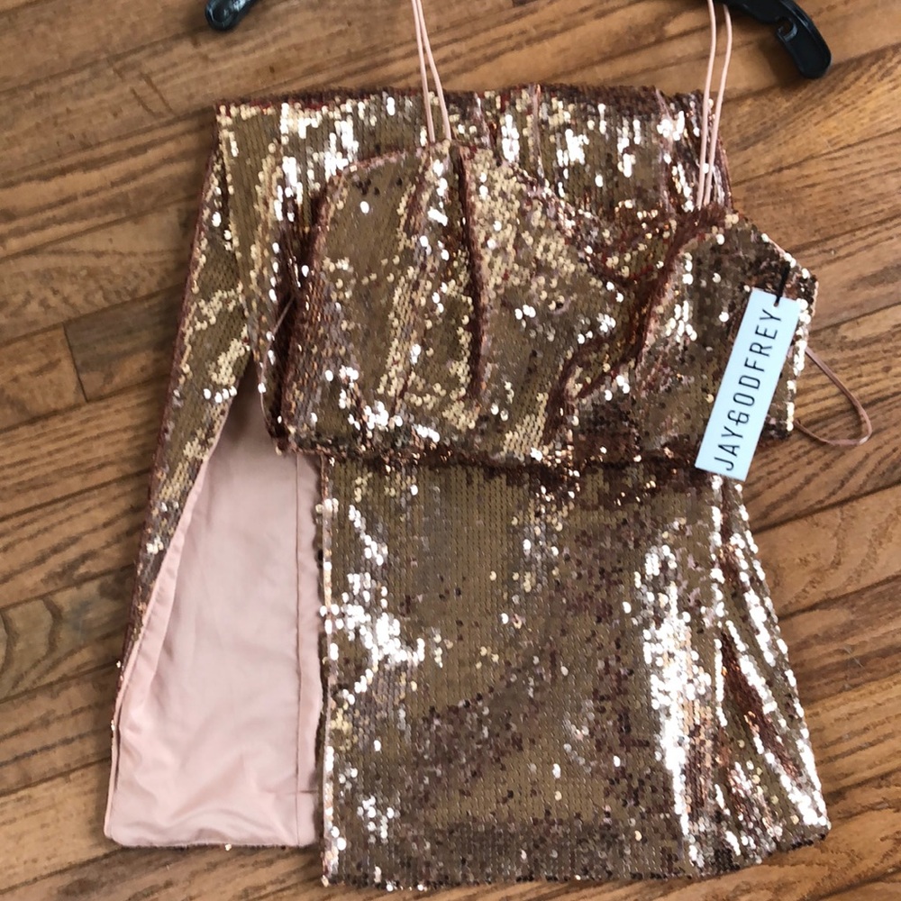 Rose gold colored sequined dress